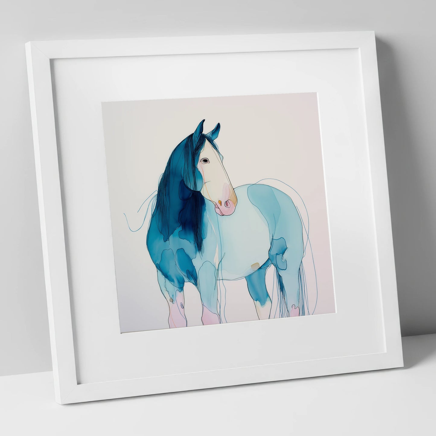 Ethereal Blue Equine horse breed art print in white frame