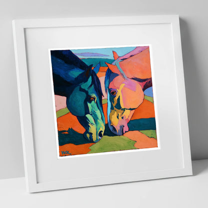 Vibrant Companions horse portrait art print in white frame