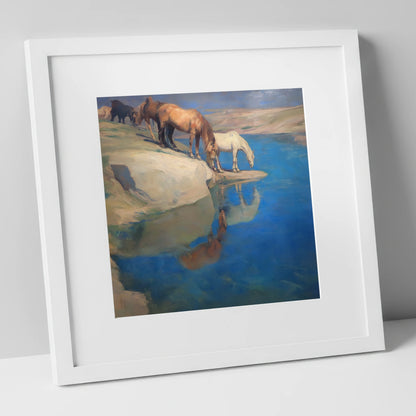 The Azure Watering Hole wild horses art print in white frame