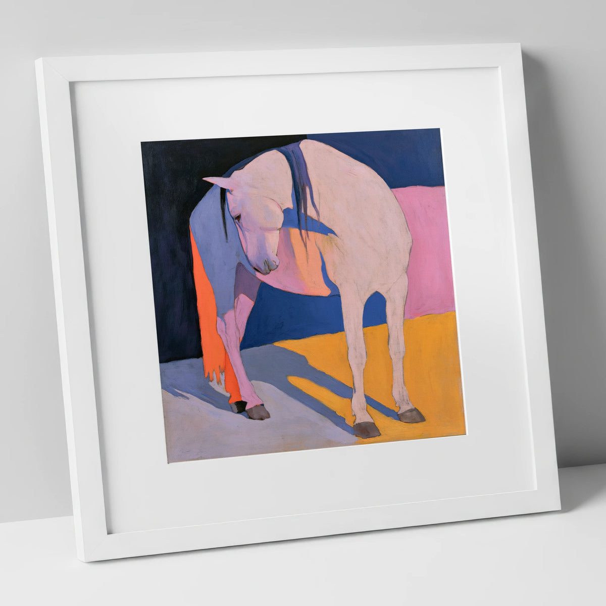 Vibrant Colour Block White Horse horse breed art print in white frame