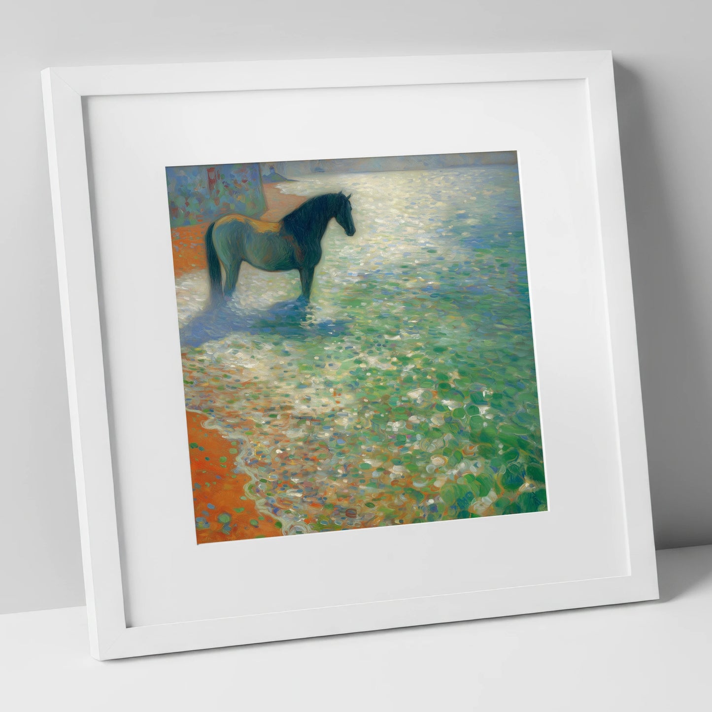 Sunlit Coastal Shallows beach horse art print in white frame