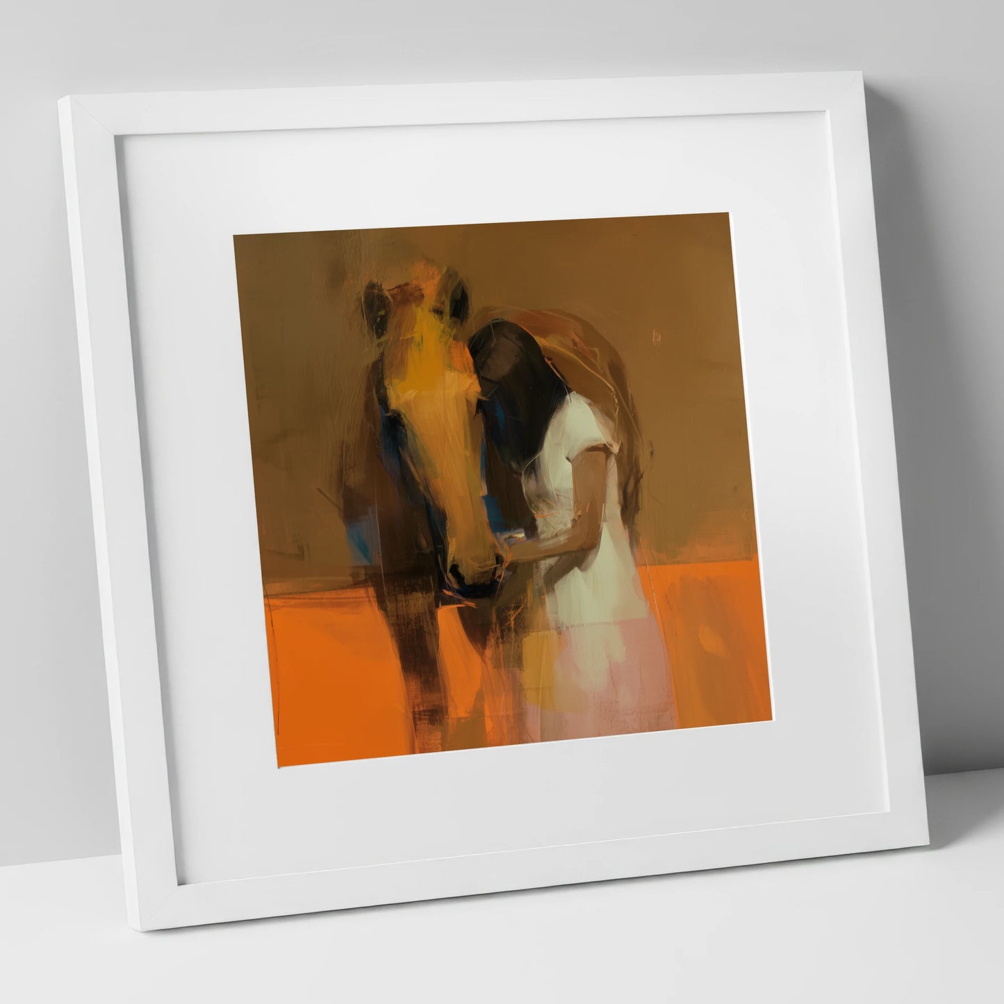 Silent Understanding horse & rider art print in white frame