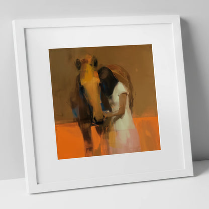 Silent Understanding horse & rider art print in white frame