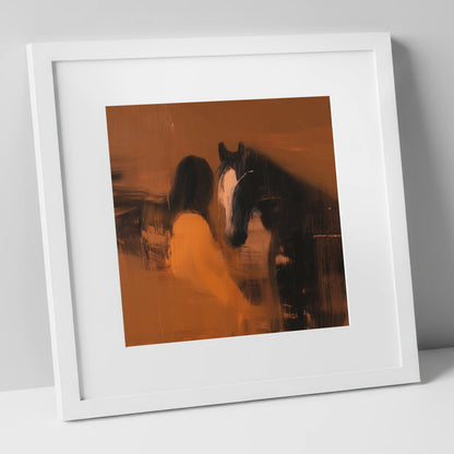 Unspoken Bond horse & rider art print in white frame