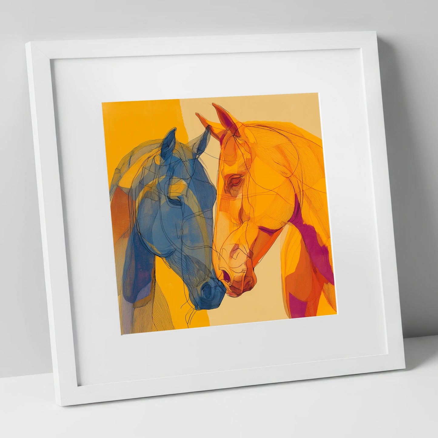 Cobalt and Amber Bond horse portrait art print in white frame