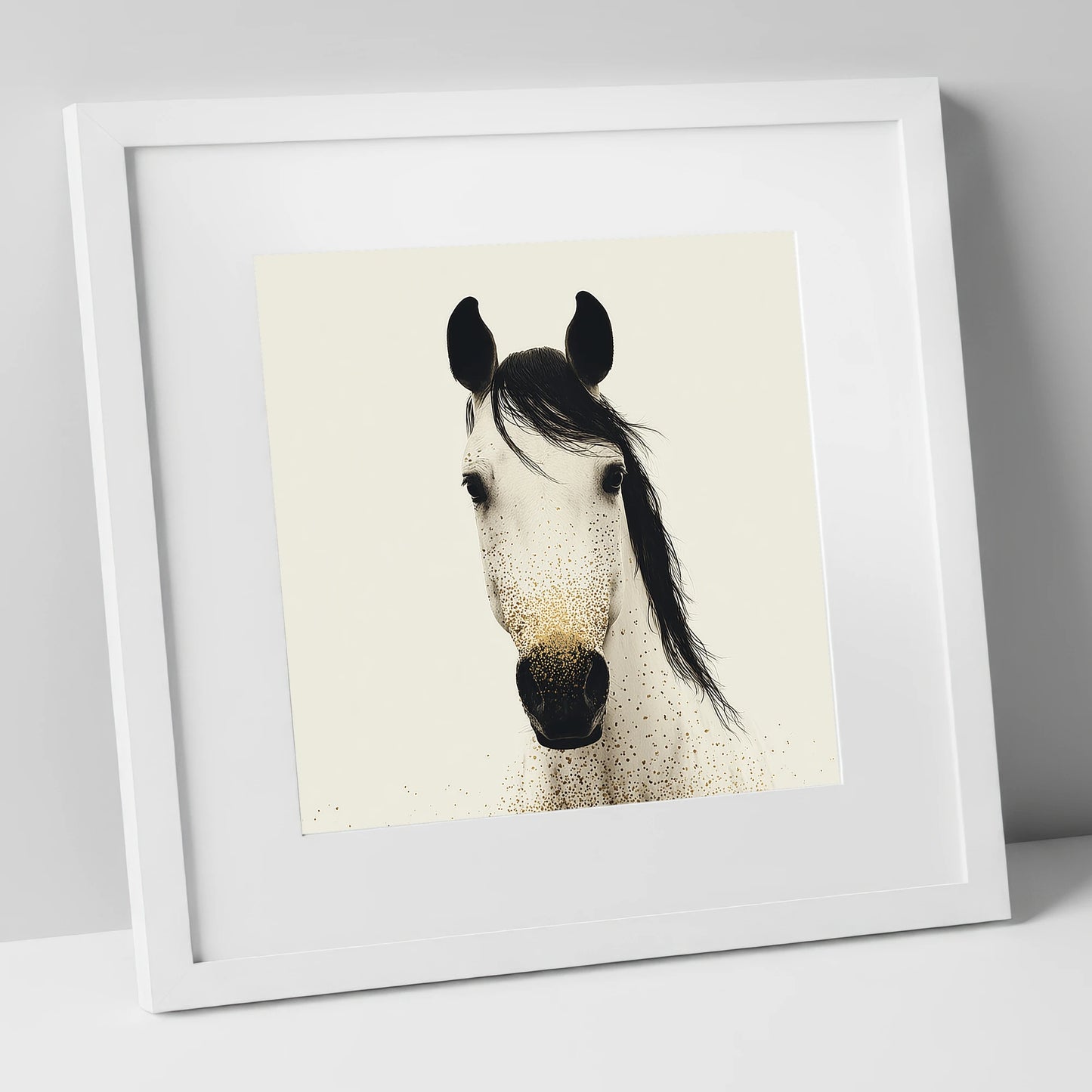 Gilded Equine Gaze horse portrait art print in white frame