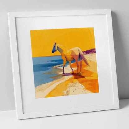 Vibrant Coastal Stride horse landscape art print in white frame