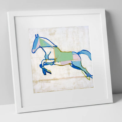 Geometric Azure Leap show jumping horse art print in white frame