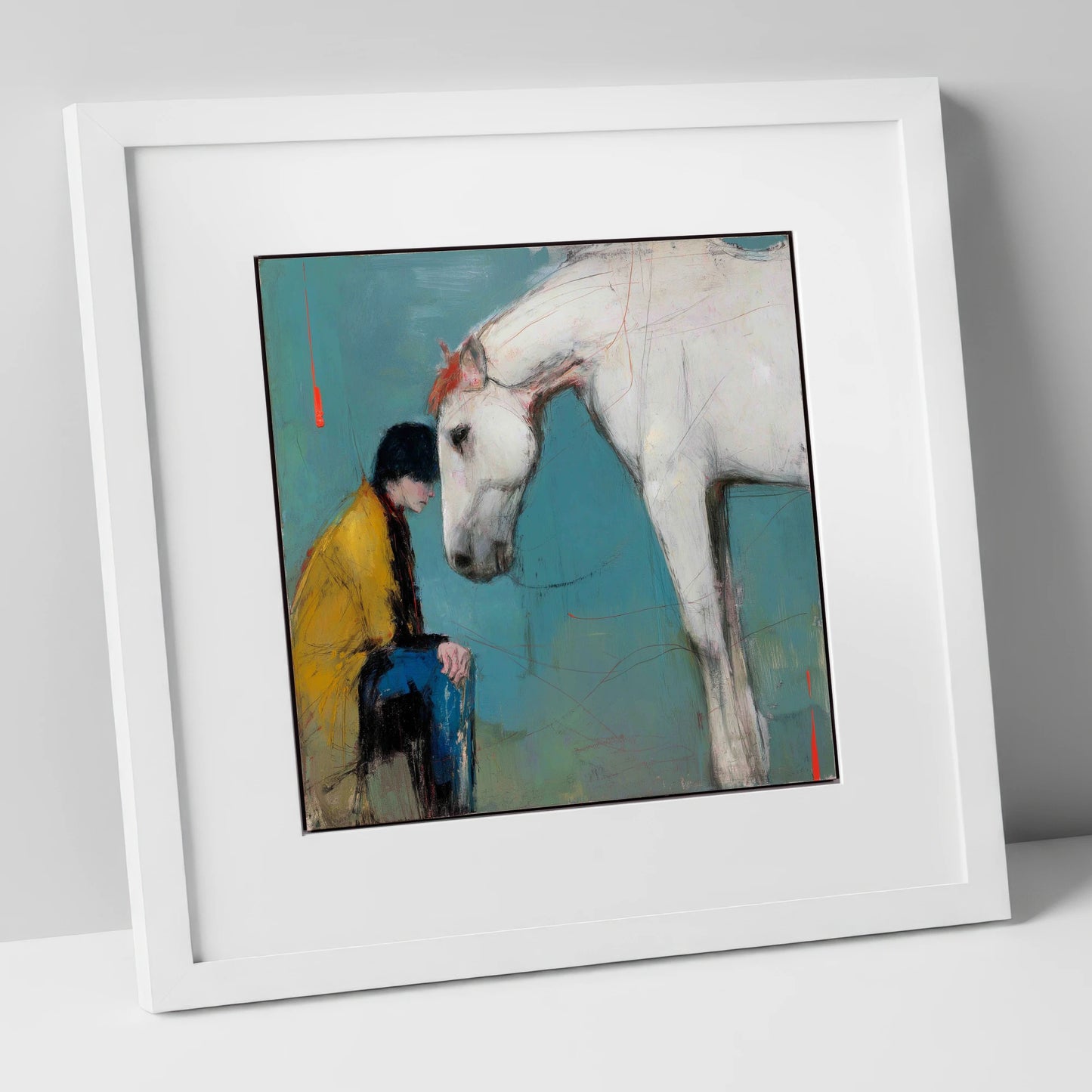 The Quiet Connection horse & rider art print in white frame