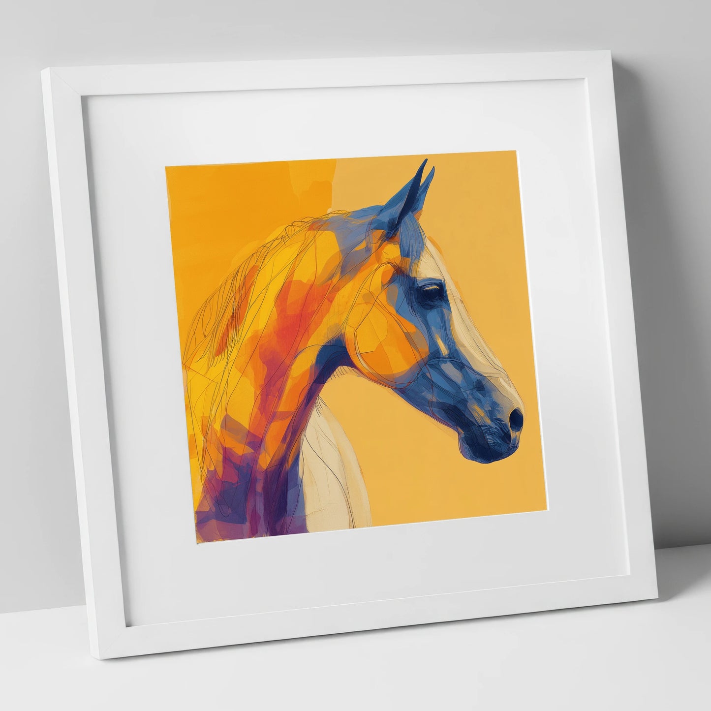 Cobalt and Amber Profile horse portrait art print in white frame