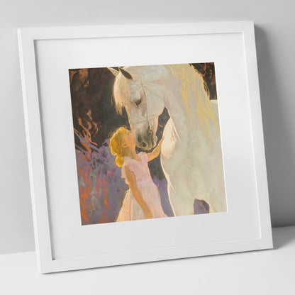A Gentle Connection horse & rider art print in white frame