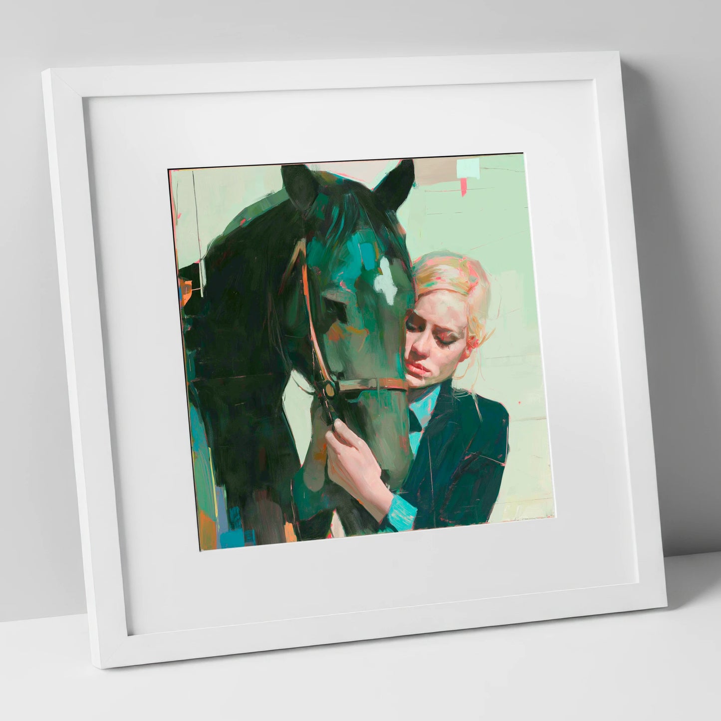 Quiet Connection horse & rider art print in white frame