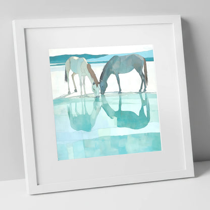 Mirrored Serenity wild horses art print in white frame