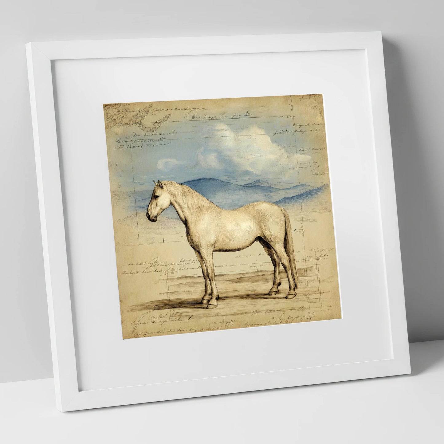 Classical Equine Study horse portrait art print in white frame