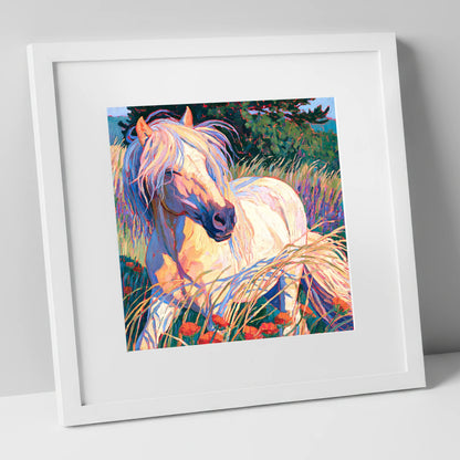 Colourful Horse In Poppy Meadow horse breed art print in white frame