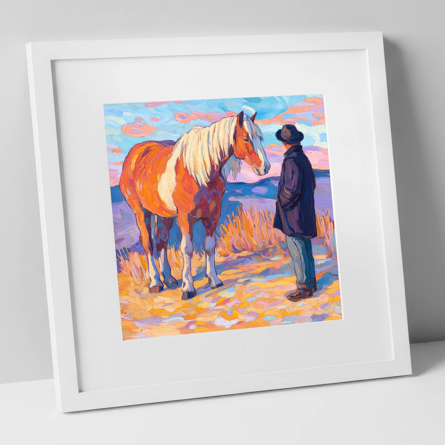 Golden Hour Harmony horse & rider art print in white frame