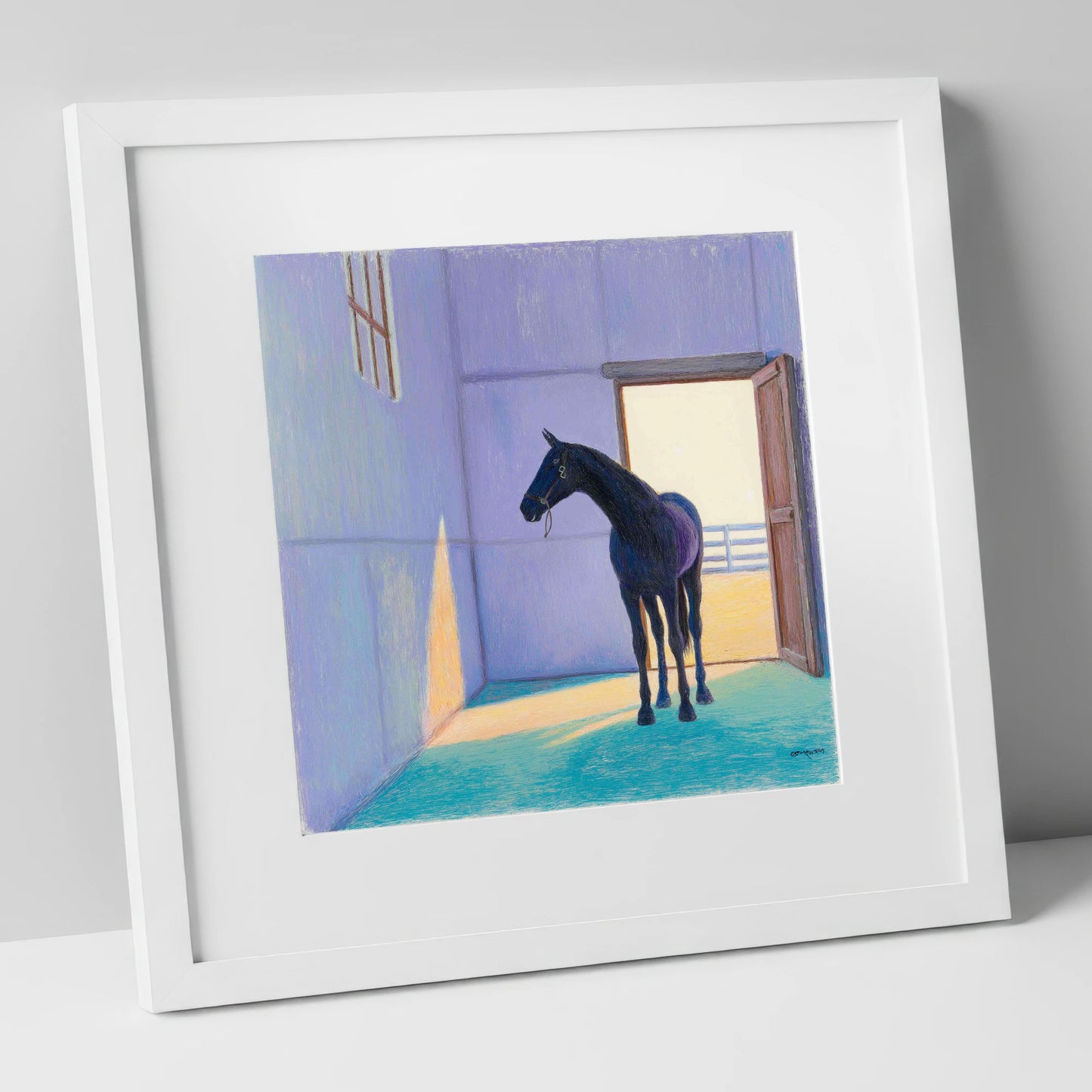 Sunlit Stable Shadows horse stable art print in white frame