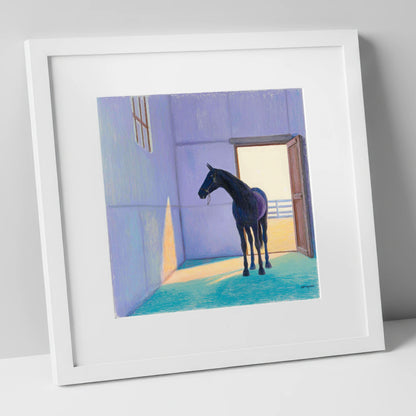 Sunlit Stable Shadows horse stable art print in white frame