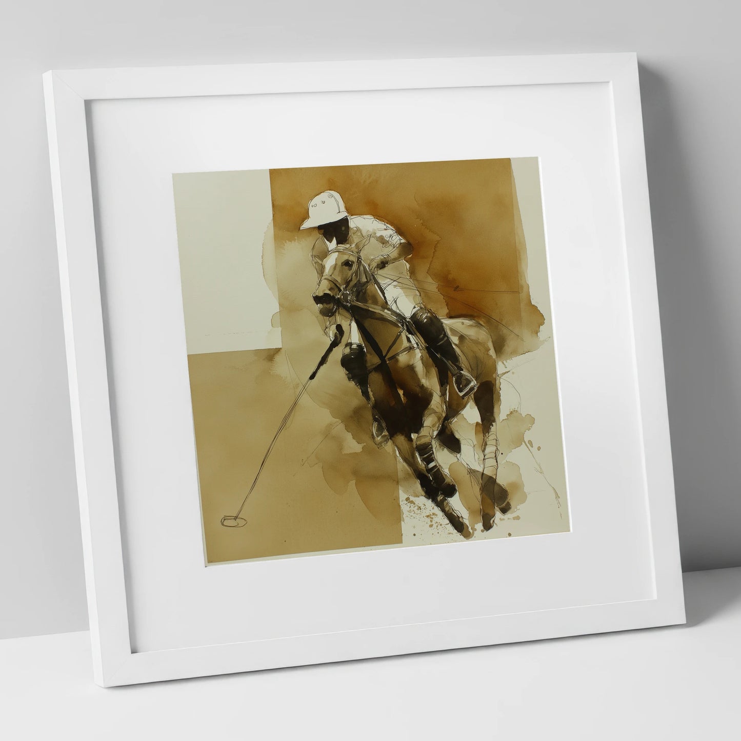 Sepia Polo Charge polo horse art print in white frame