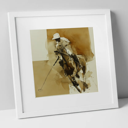 Sepia Polo Charge polo horse art print in white frame