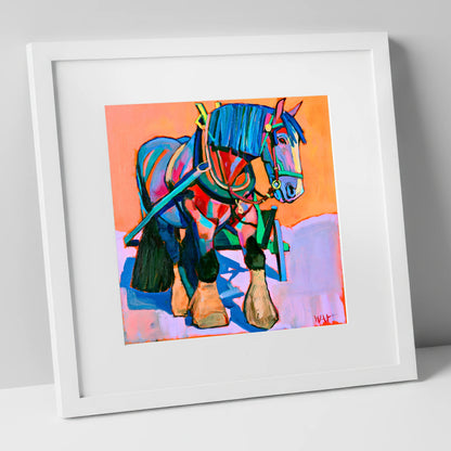 Vibrant Blue Heavy Horse horse breed art print in white frame