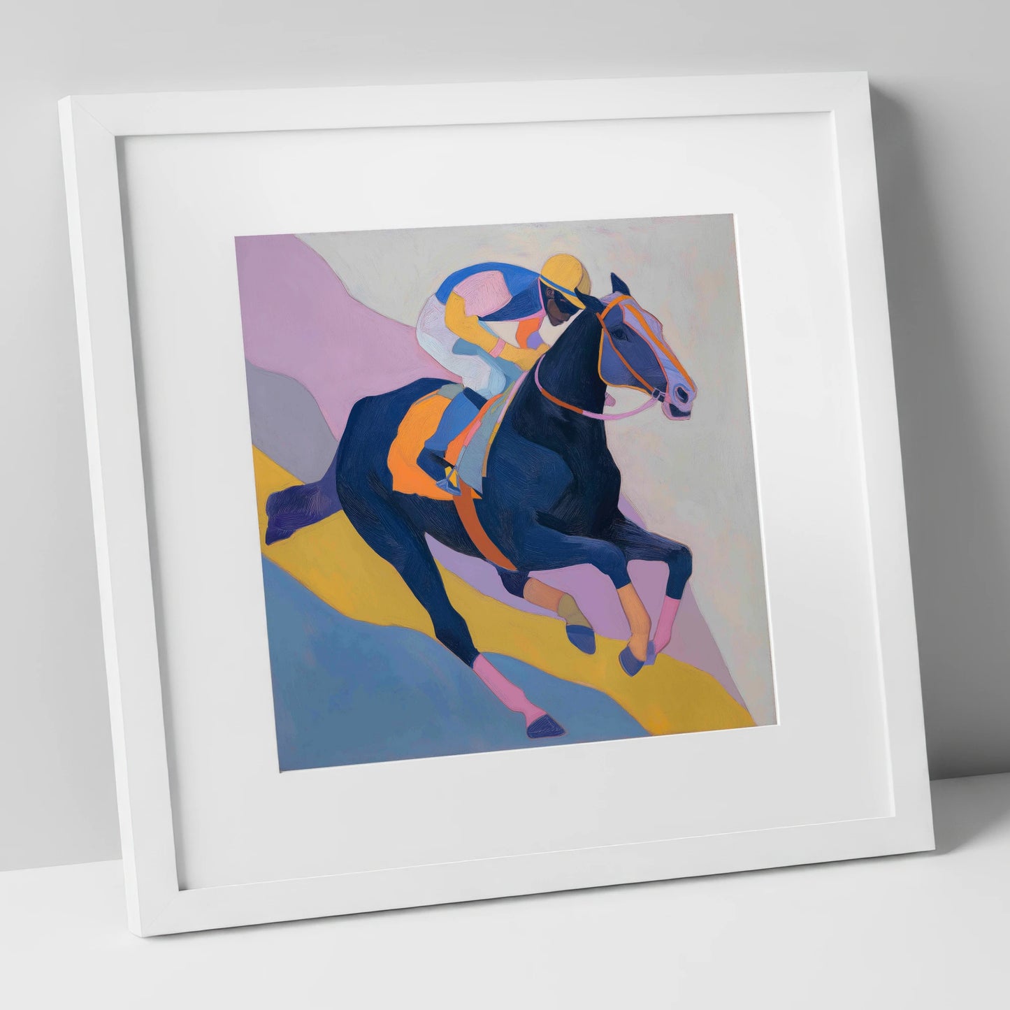 Vibrant Racing Stride racing horse art print in white frame
