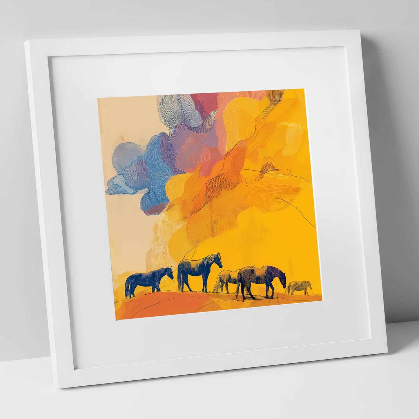 Golden Horizon Herd horse landscape art print in white frame