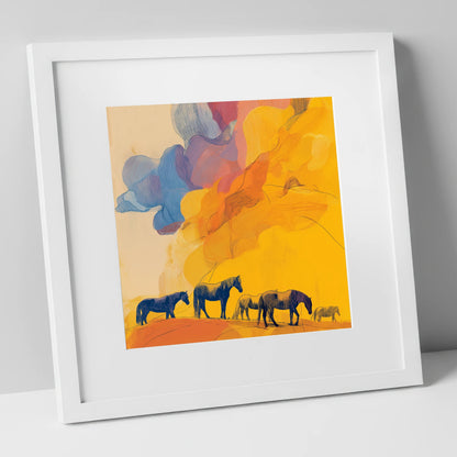 Golden Horizon Herd horse landscape art print in white frame