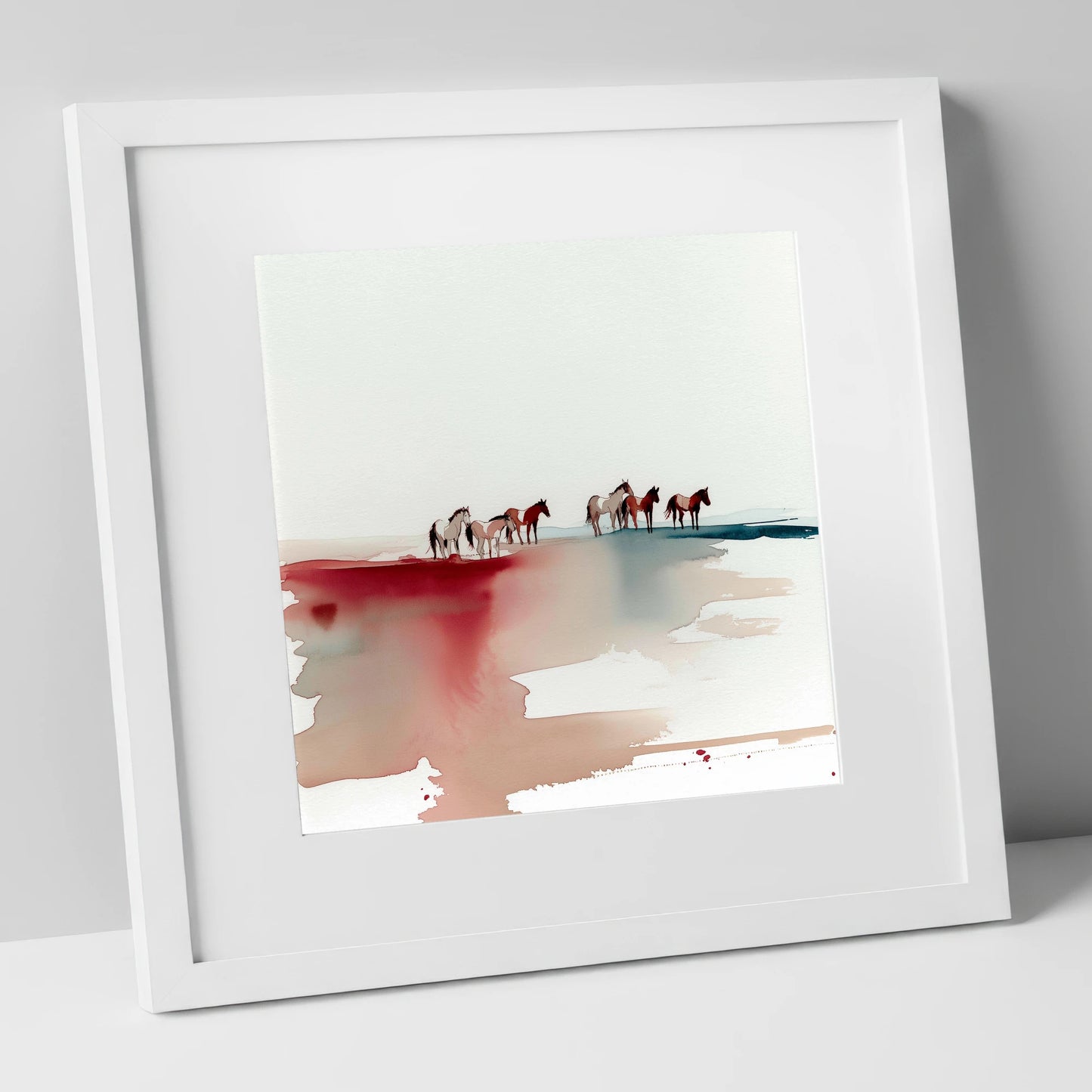 Crimson Horizon Herd horse landscape art print in white frame