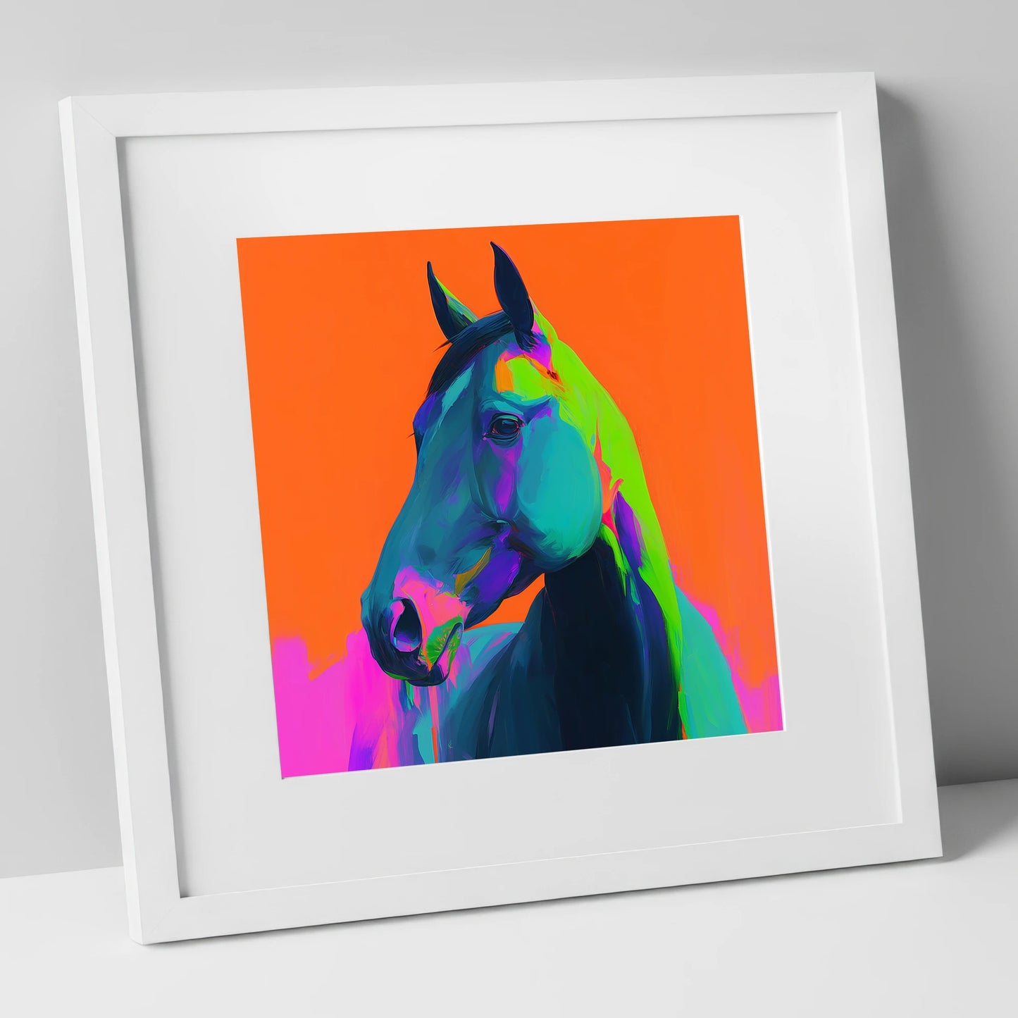 Electric Equine Spirit horse portrait art print in white frame