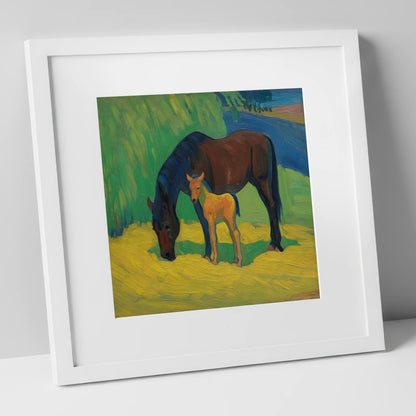 Vivid Grazing Companions mare & foal art print in white frame