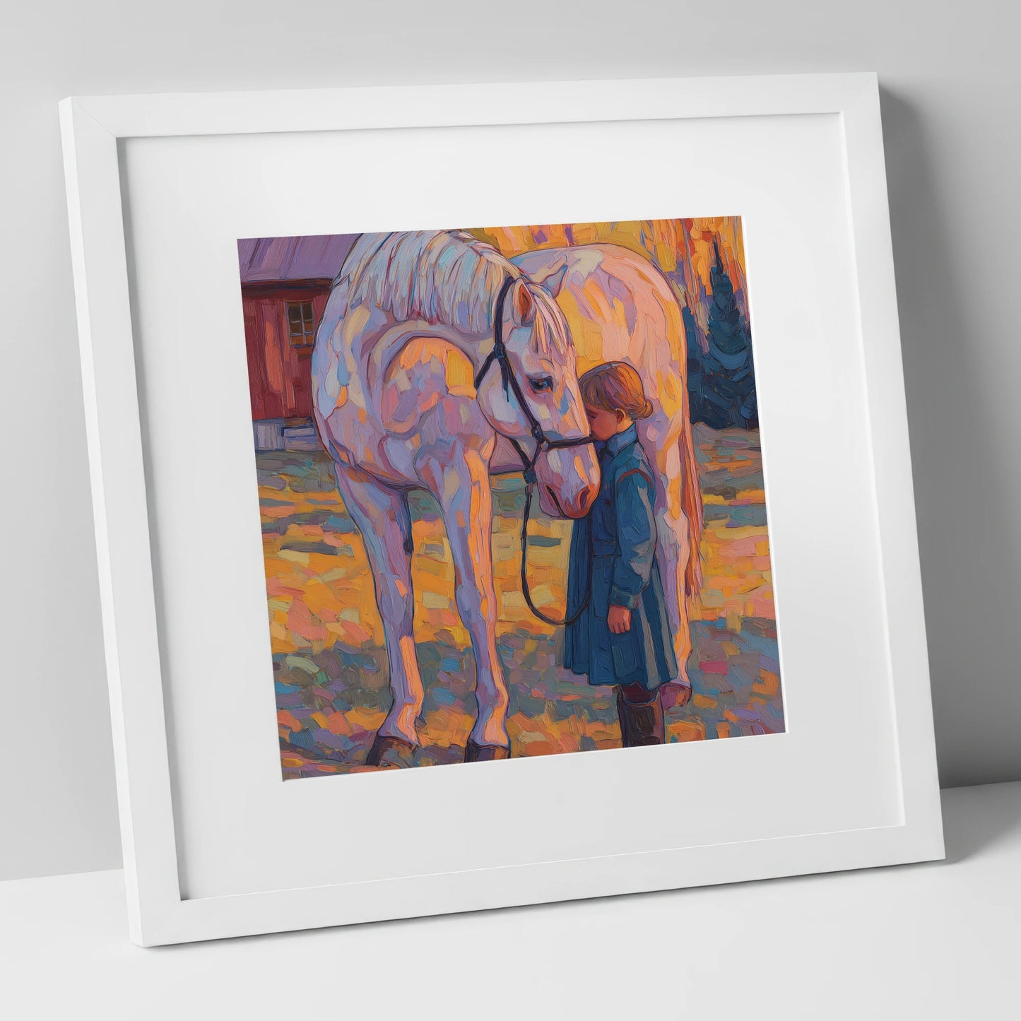 A Quiet Connection horse & rider art print in white frame