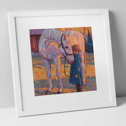 A Quiet Connection horse & rider art print in white frame
