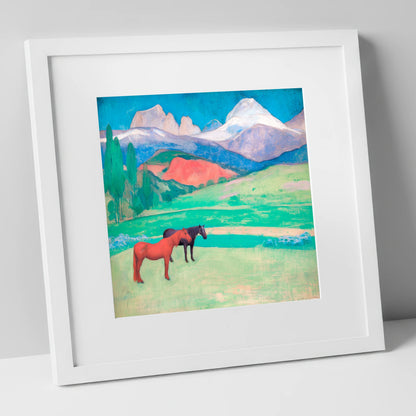 Crimson Mountain Companions horse landscape art print in white frame