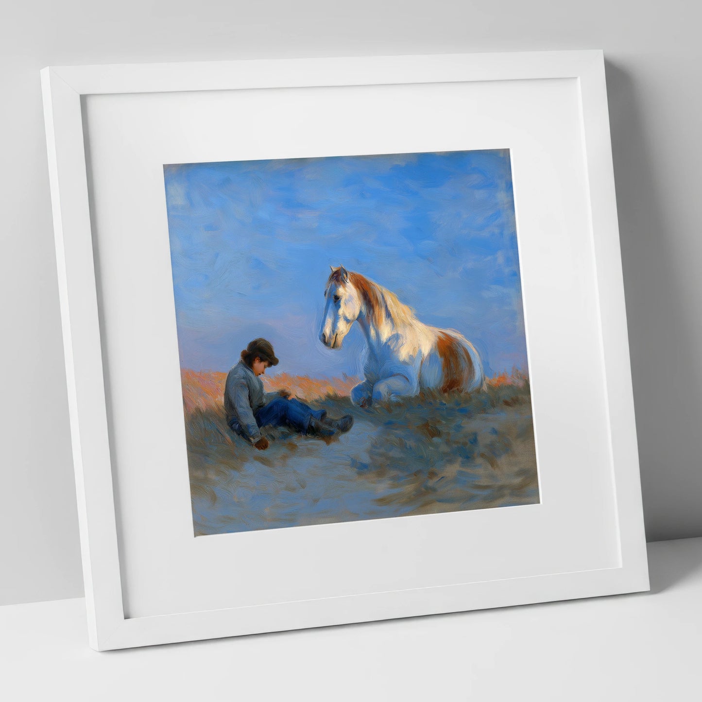 Sunlit Companions horse & rider art print in white frame