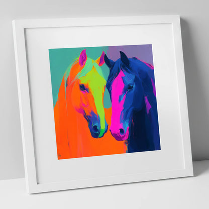 Neon Companions horse portrait art print in white frame