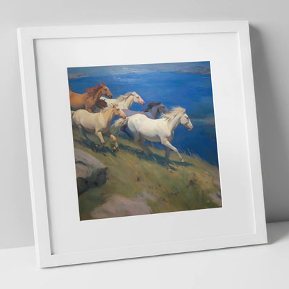 Azure Coastal Gallop wild horses art print in white frame