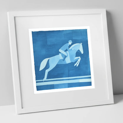 Azure Flight show jumping horse art print in white frame