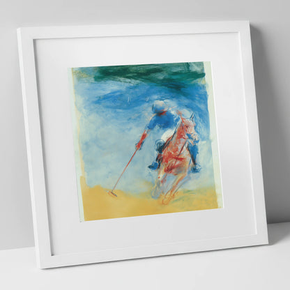 Velocity in Cerulean polo horse art print in white frame