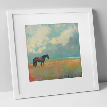 Beneath Turquoise Skies horse landscape art print in white frame