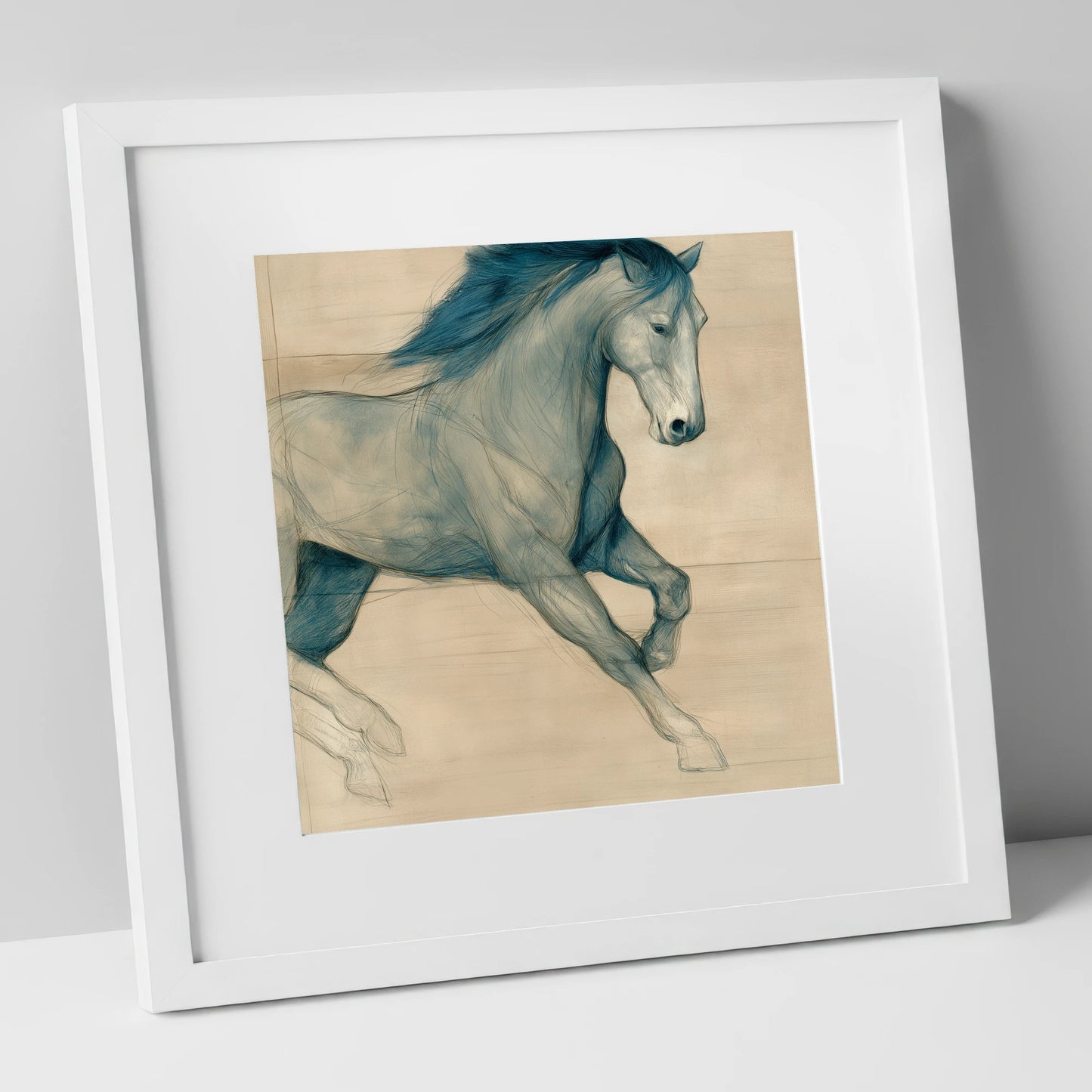 Teal Equine Study horse portrait art print in white frame