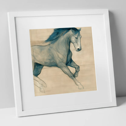 Teal Equine Study horse portrait art print in white frame