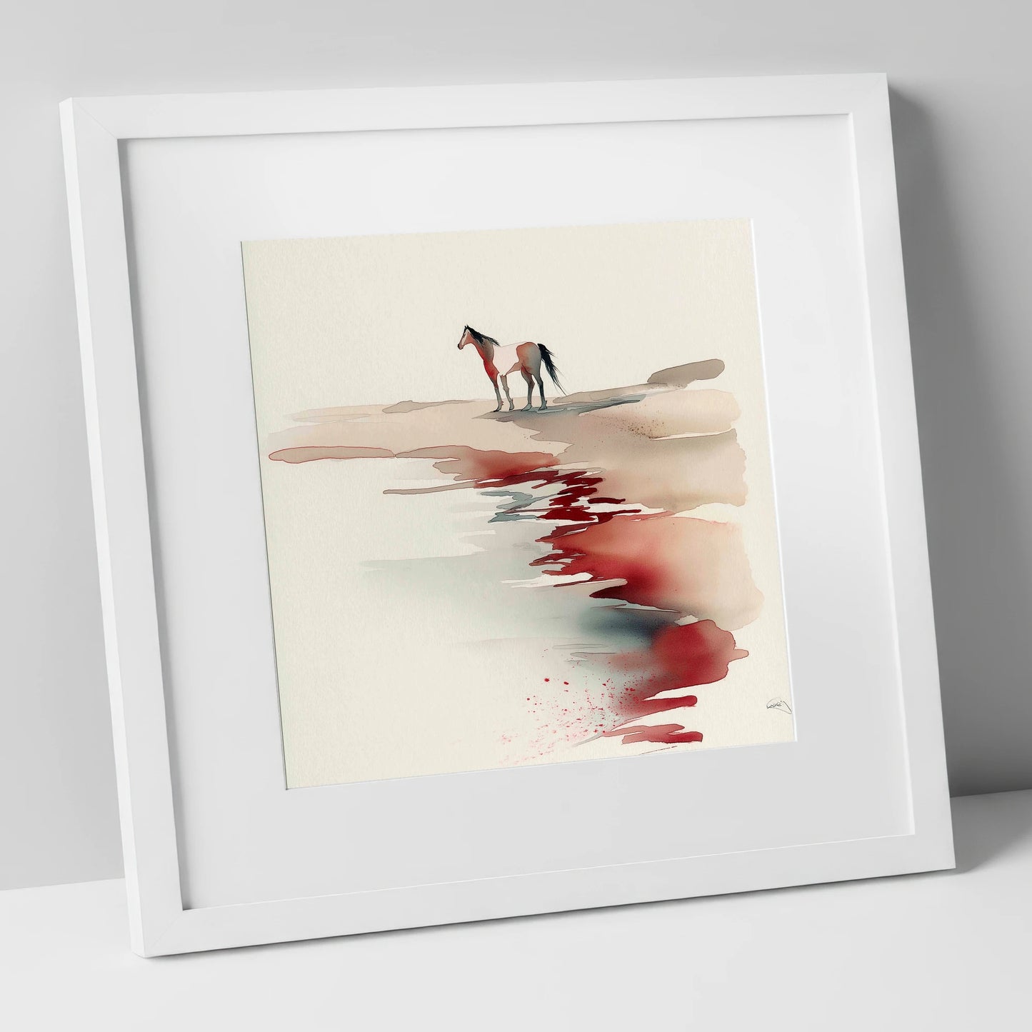 Crimson Horizon horse landscape art print in white frame