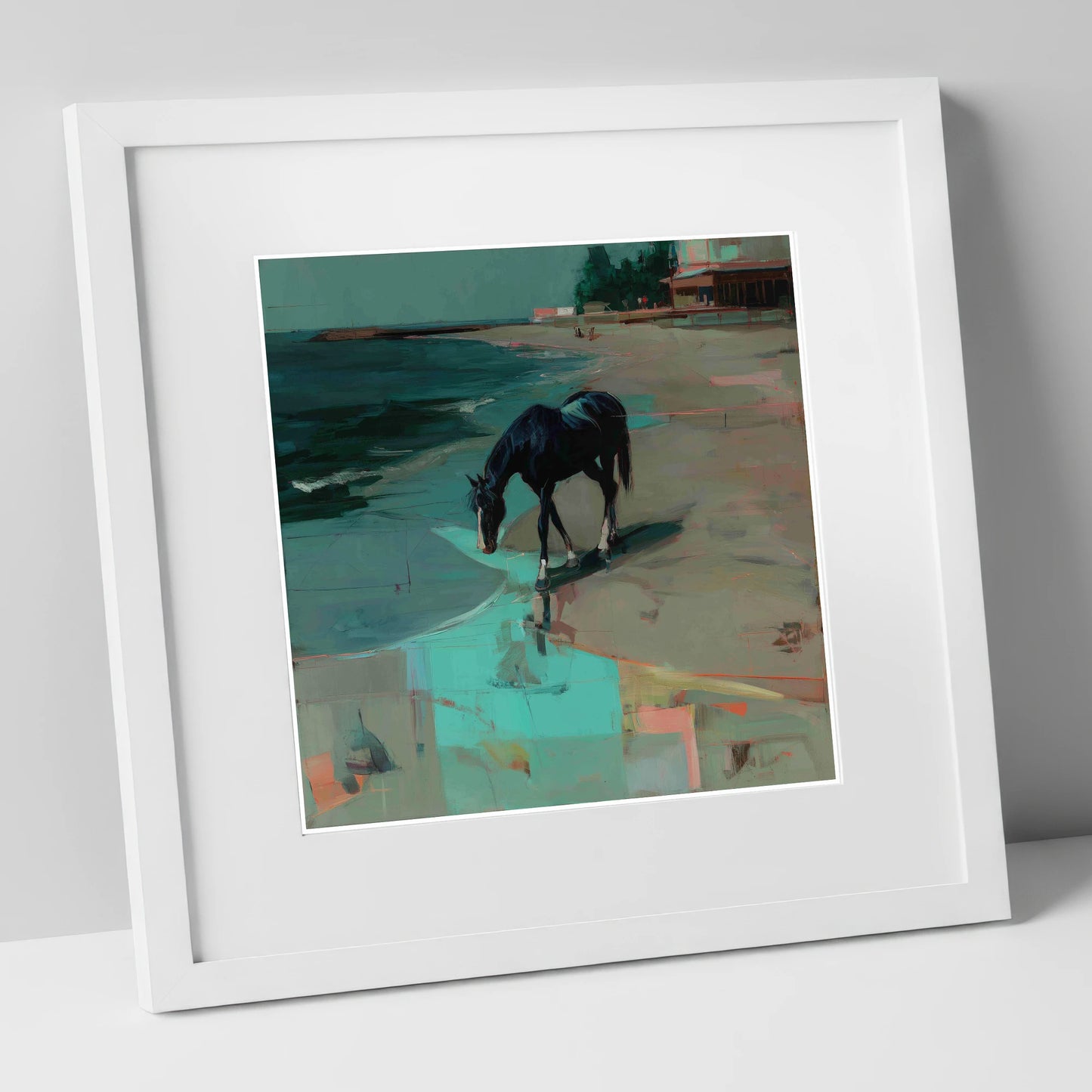 Coastal Solitude horse landscape art print in white frame