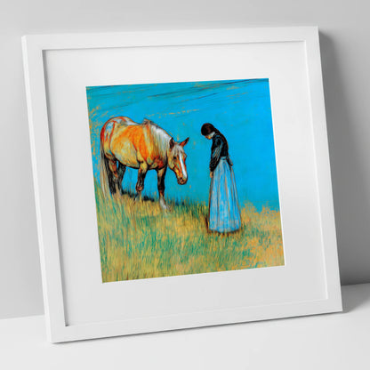 Cerulean Bond horse & rider art print in white frame