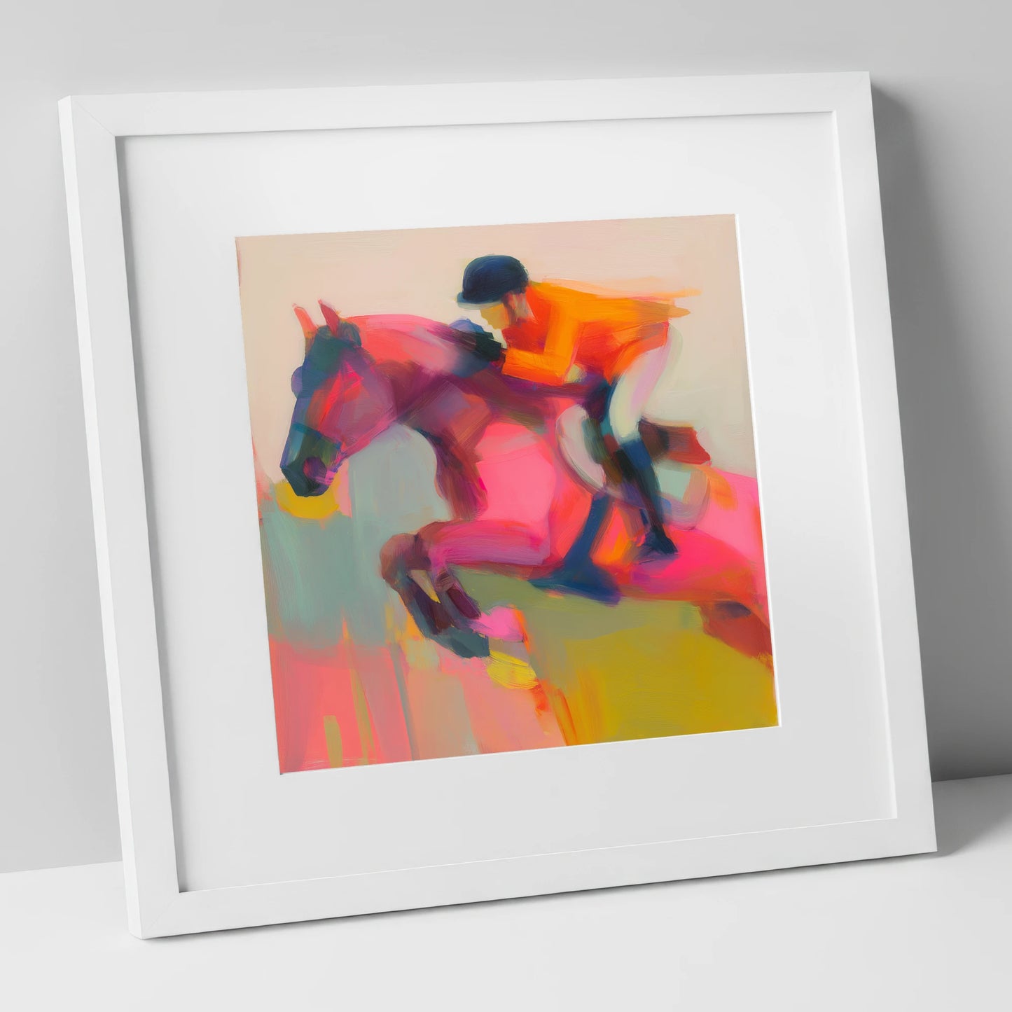 Vivid Ascent show jumping horse art print in white frame