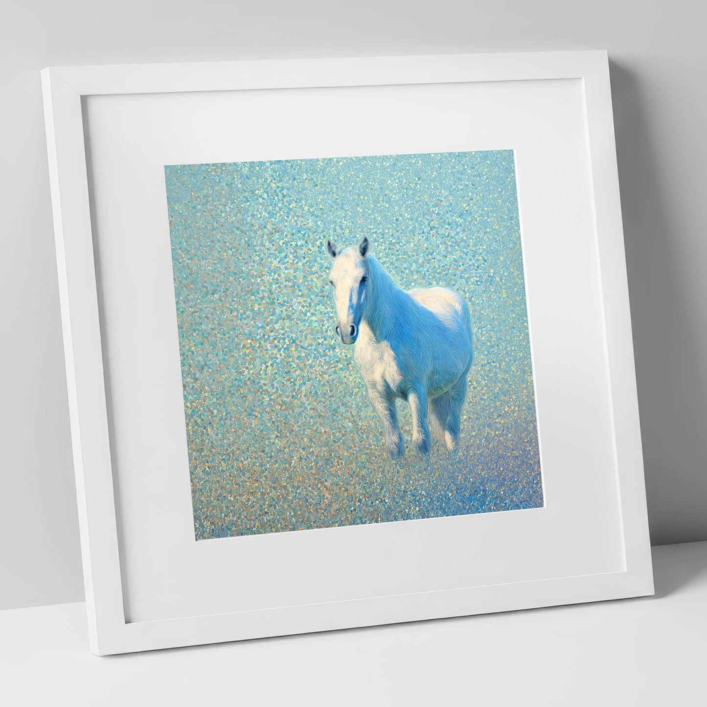 Luminous Azure Grey horse portrait art print in white frame