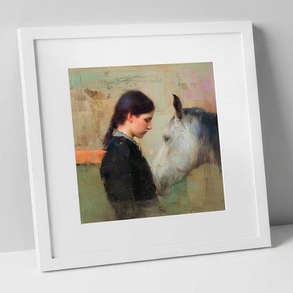The Silent Bond horse & rider art print in white frame