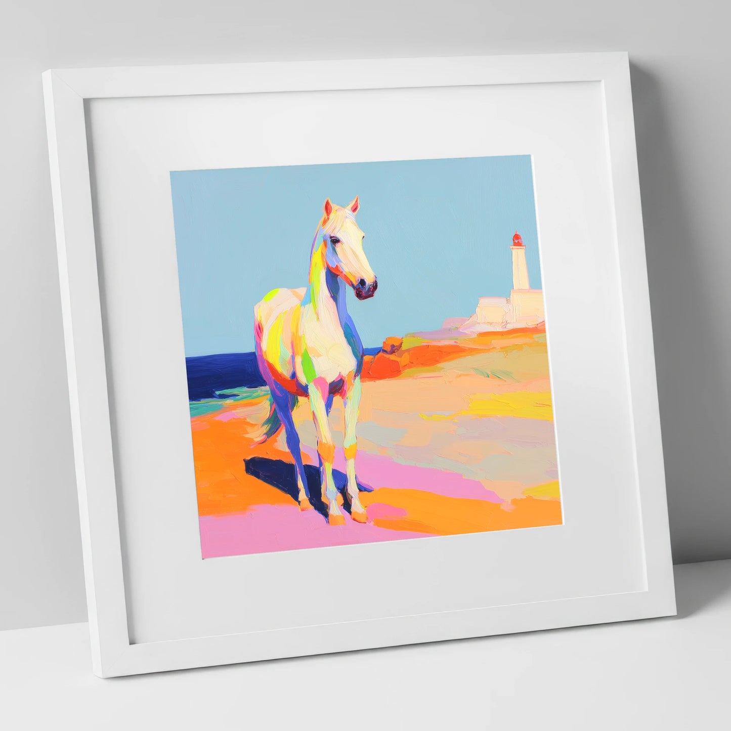 Vibrant Coastal Equine horse landscape art print in white frame