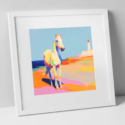 Vibrant Coastal Equine horse landscape art print in white frame